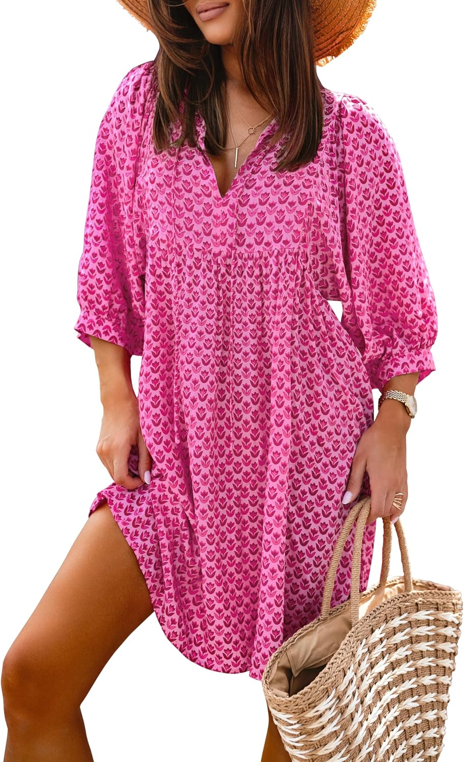 V-Neck Three Quarter Sleeve Babydoll Beach Cover Up Dress