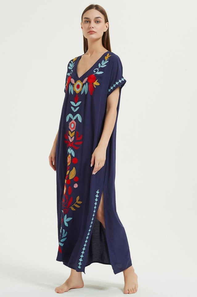 Embroidered V-Neck Short Sleeve Kaftan Maxi Dress 9