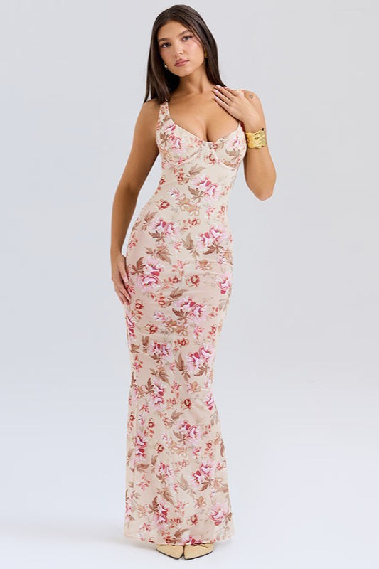 Floral Sweetheart Spaghetti Strap Ruched Bodycon Maxi Dress
