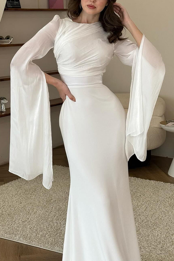 Liora Ruched Organza Satin Patchwork Long Bell Slit Maxi Dress - View 13