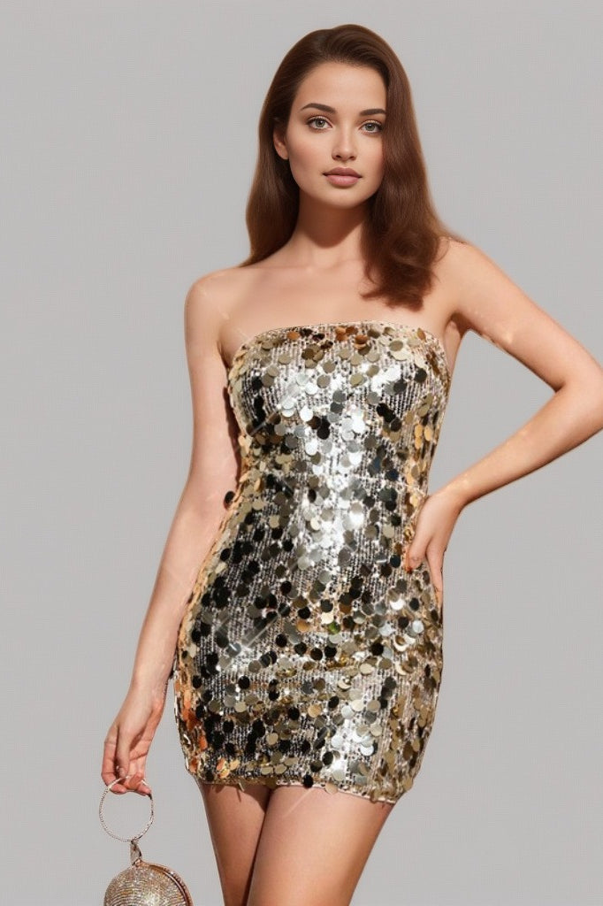 Paillette Sequin Strapless Bodycon Party Mini Dress