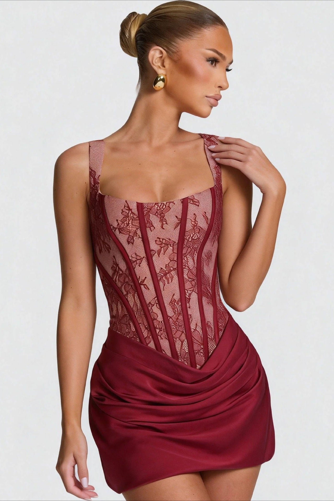 Lace Cami Drape Waist Tie Bodycon Mini Lace Dress