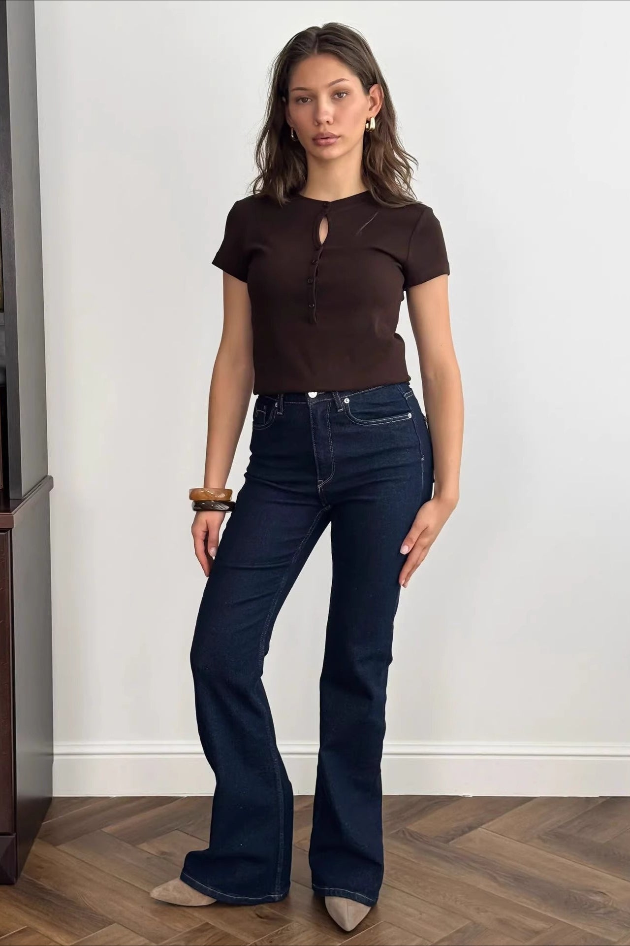 Solid Cropped Button Front T-Shirt