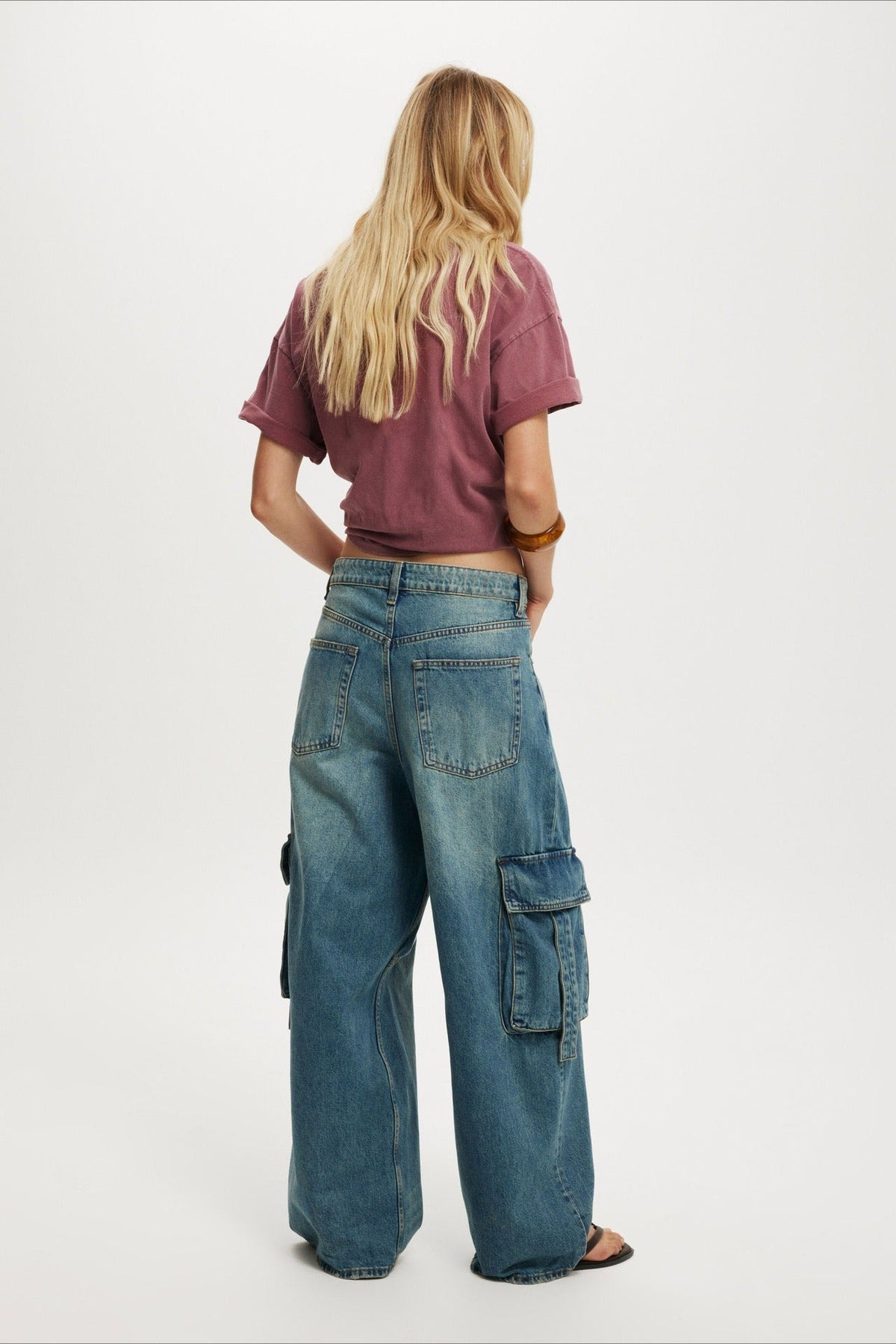Washed Low Rise Strap Cargo Pocket Wide Leg Baggy Denim Jeans 2