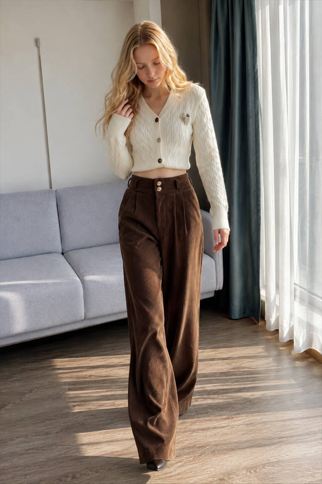 High Waist Double Button Pleated Corduroy Wide Leg Trousers 2