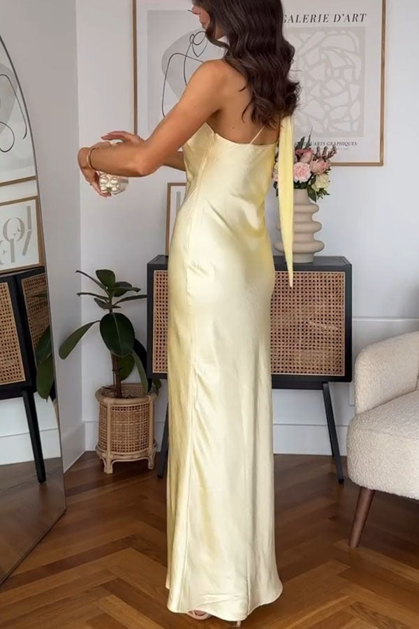 Satin One Shoulder Bias Cut Slip Maxi Dress