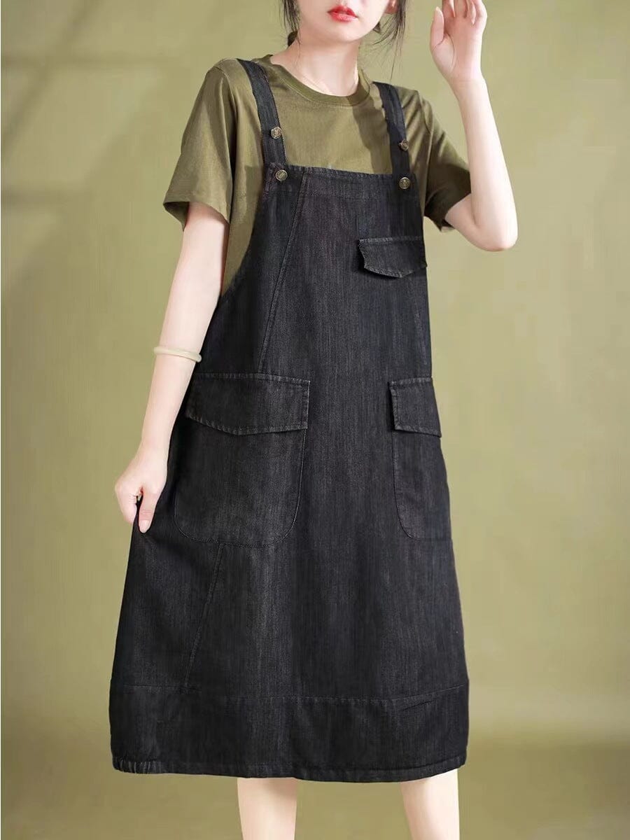 Sleeveless Denim Pinafore Flap Pocket Button Strap Midi Dress