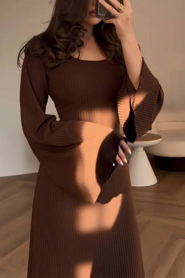 Rib Knit Square Neck Bell Sleeve Bodycon Maxi Dress