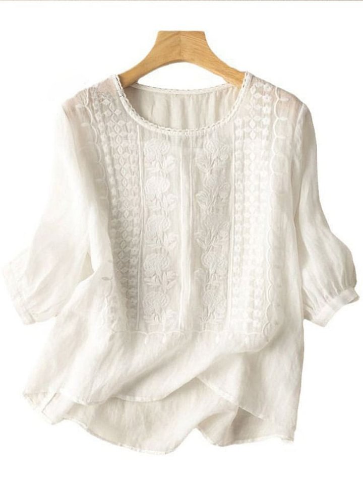 Round Neck Half Sleeve Floral Embroidered Linen Blouse