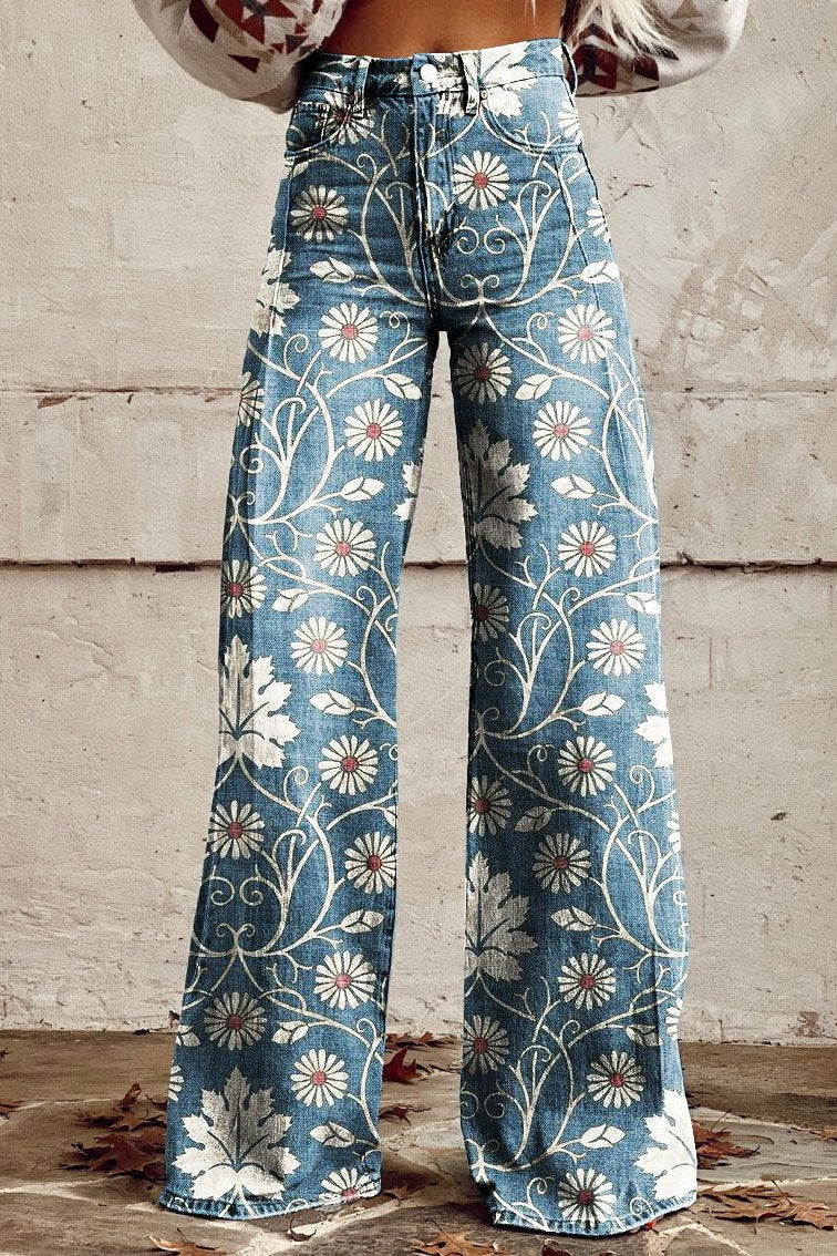 Floral Print High Waist Wide Leg Jeans