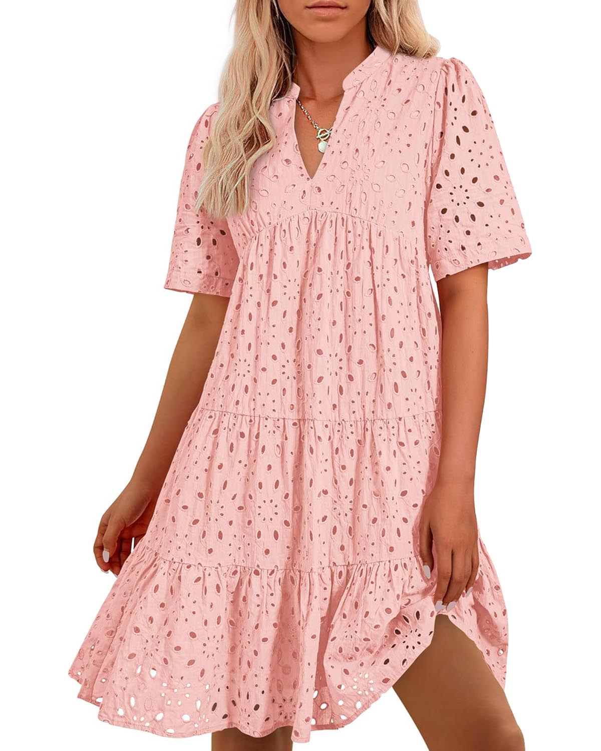 ⏰Hot Sale-Women's Elegant Hollow Out Lace Ruffle Casual Mini Dress(BUY 2 FREE SHIPPING) Pink S