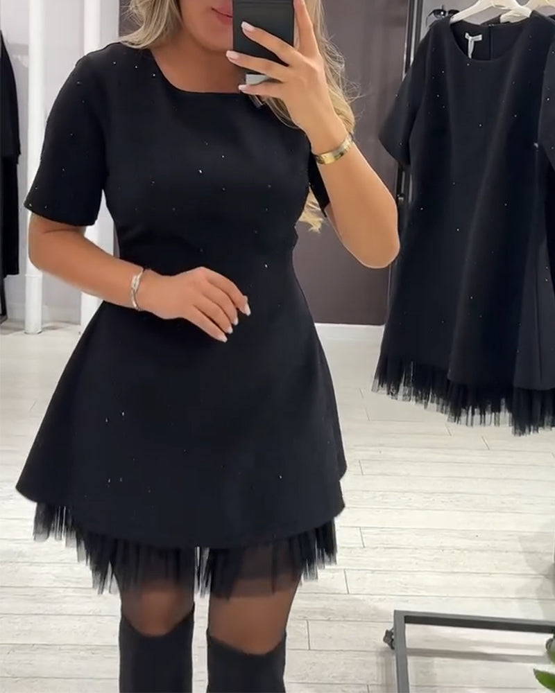 Rhinestone Tulle Hem Short Sleeve Fit and Flare Mini Dress