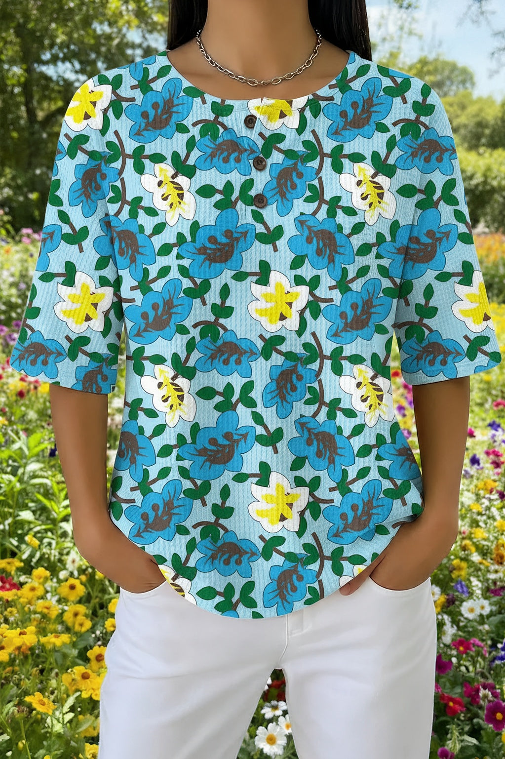 Ditsy Floral Waffle Knit Button Henley Short Sleeve Top