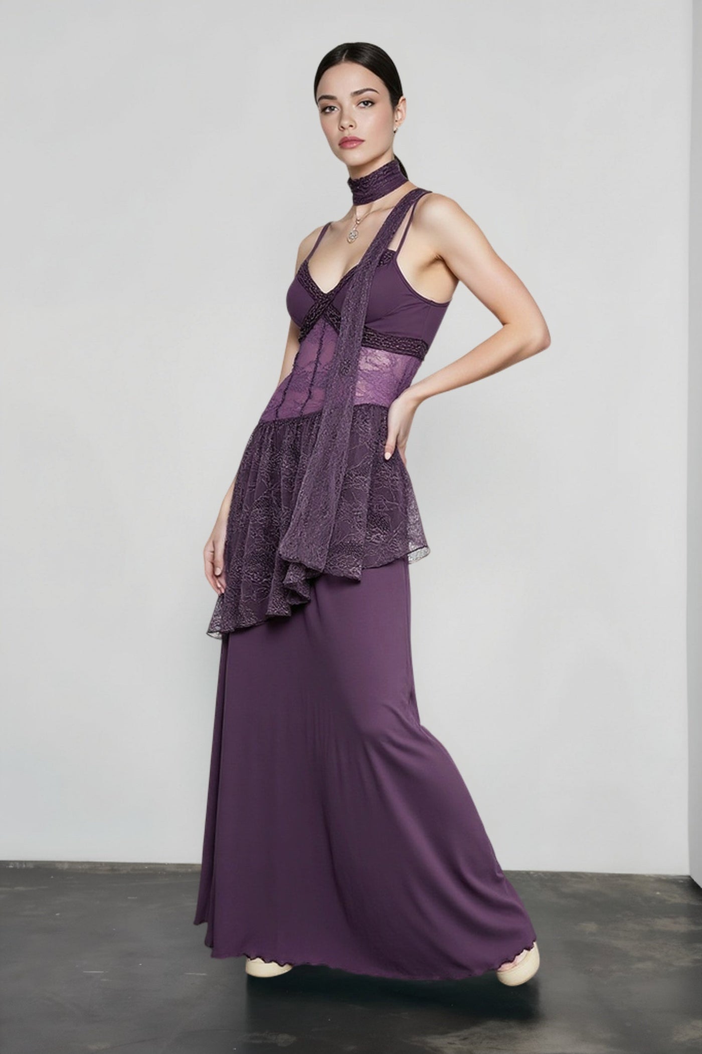 Lace Trim Sheer Waist Tie Cami Maxi Lace Dress