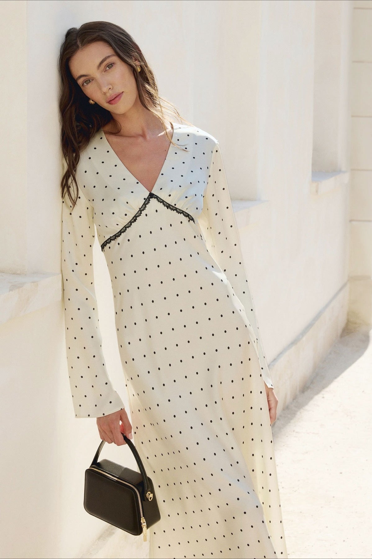 Satin Polka Dot V Neck A Line Midi Dress - View 5