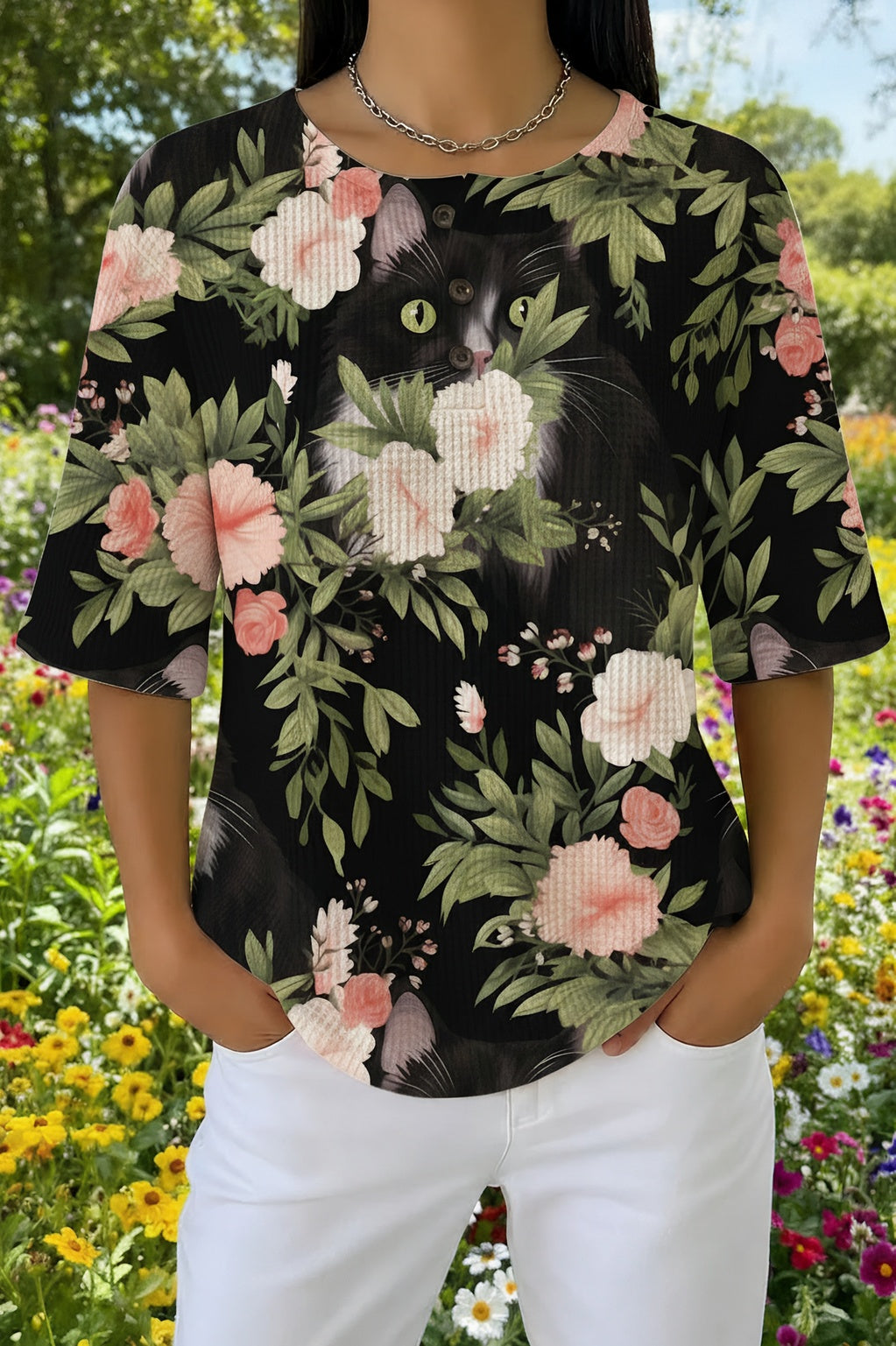 Cat and Floral Print Henley Short Sleeve Top