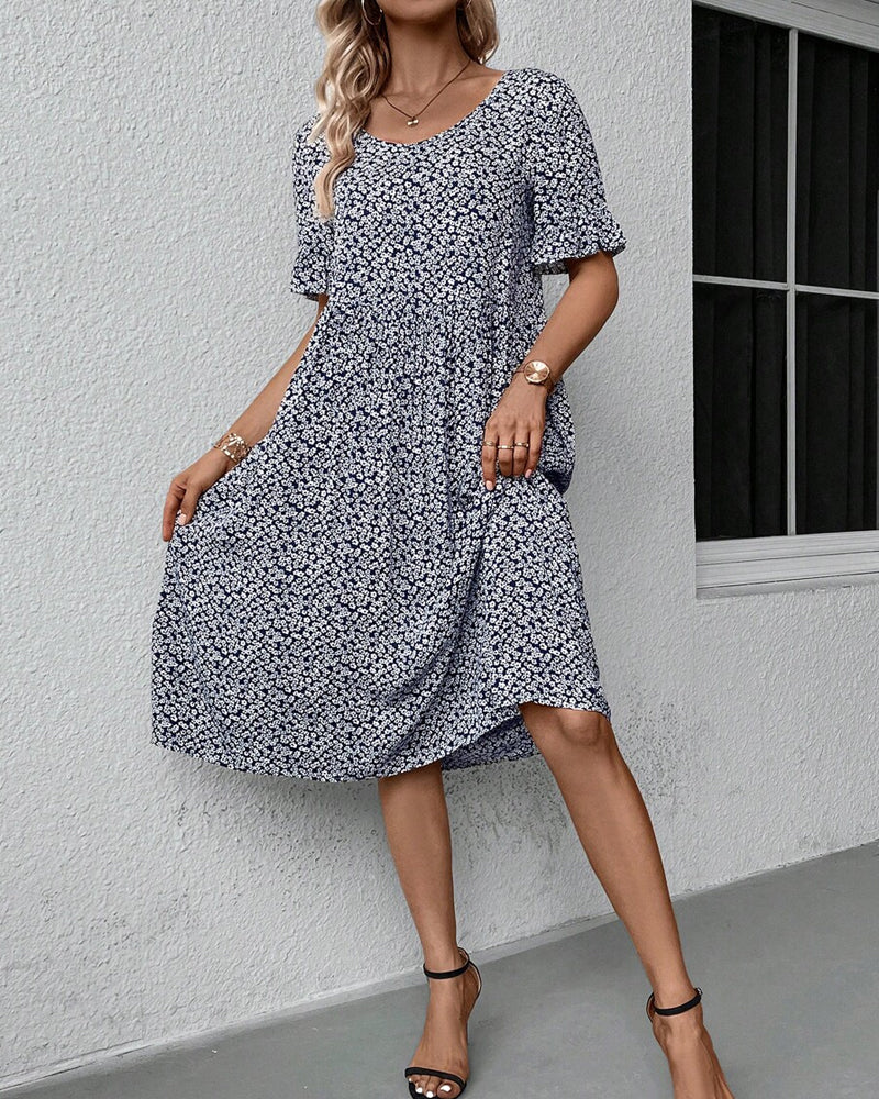 Sue Aesthetic Round Neck Dress with Floral Print Designer Edit