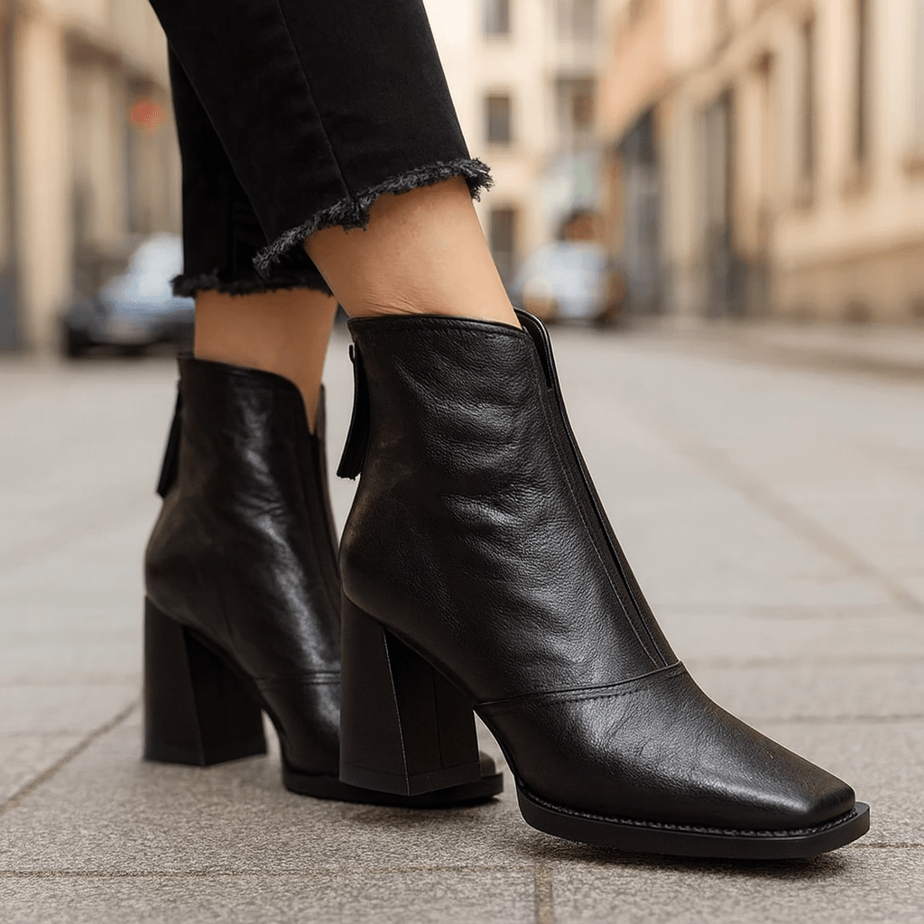 Square Toe Block Heel Back Zip Ankle Boots