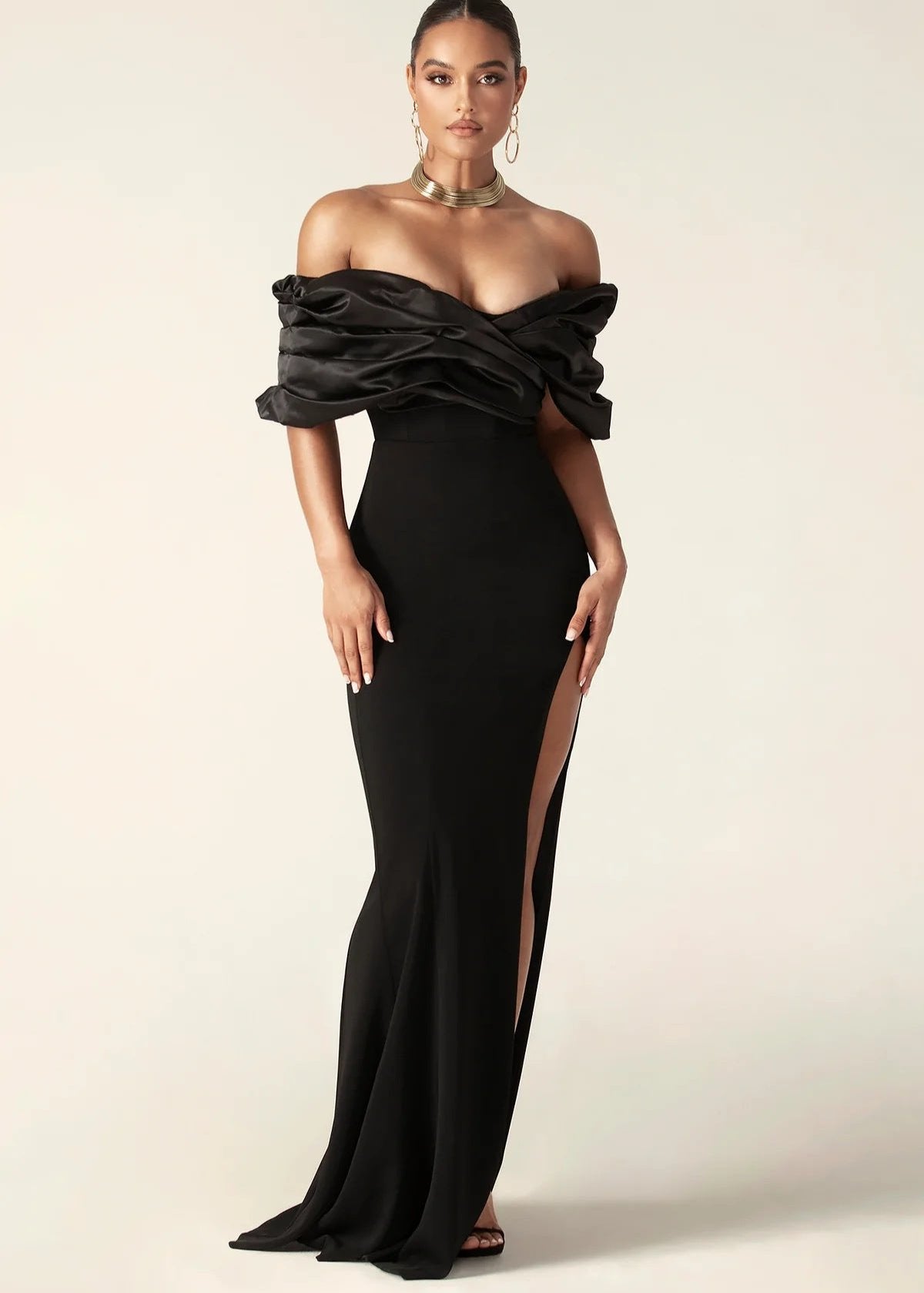 Satin Off Shoulder Sweetheart Ruffle Bodice High Split Column Maxi Gown