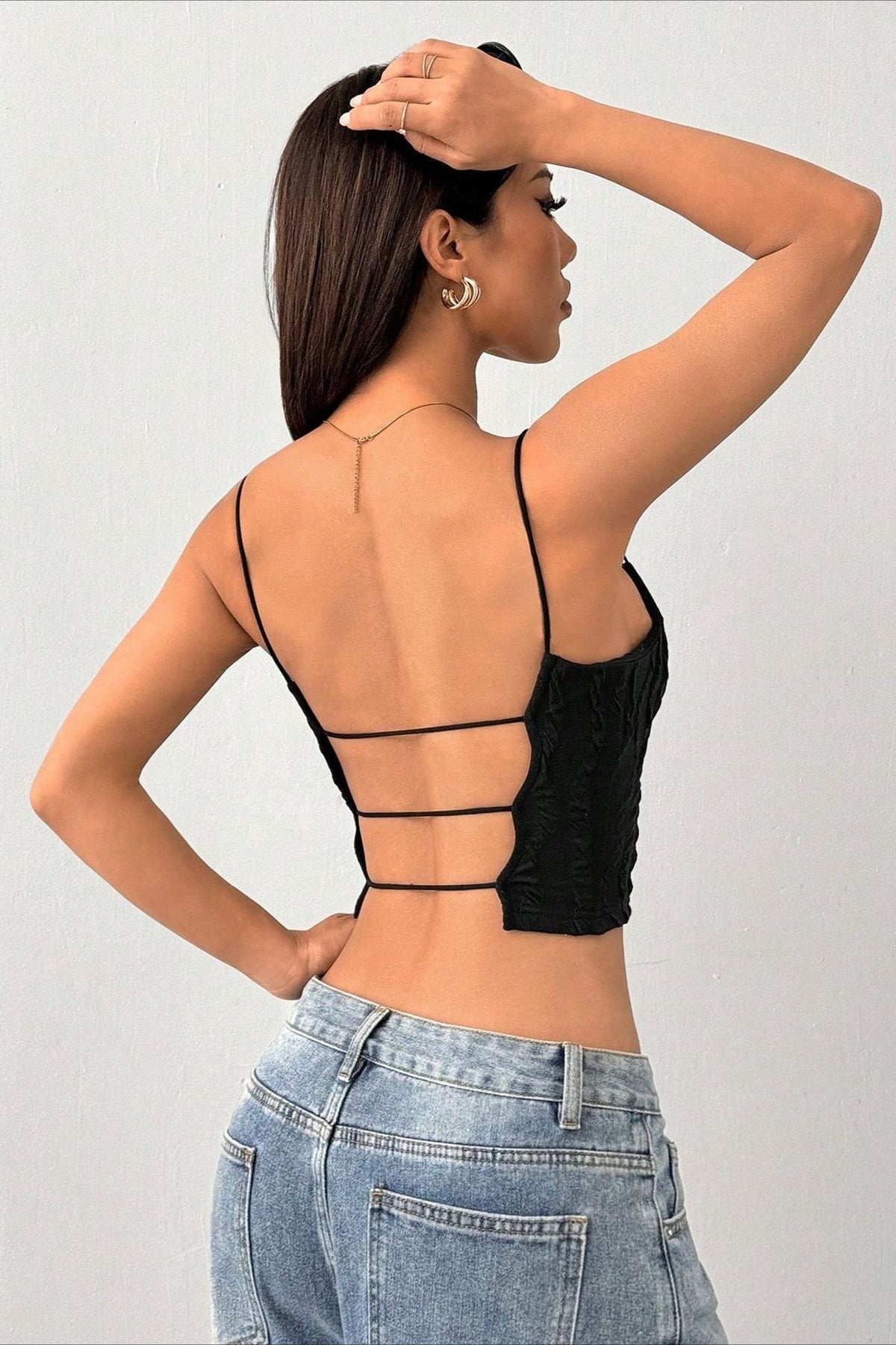Square Neck Spaghetti Strap Textured Lace Trim Cami Crop Top 4