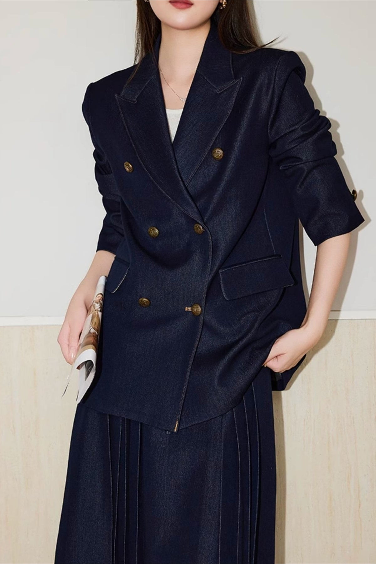 Denim-Look Double Breasted Peak Lapel Contrast Stitch Blazer 2
