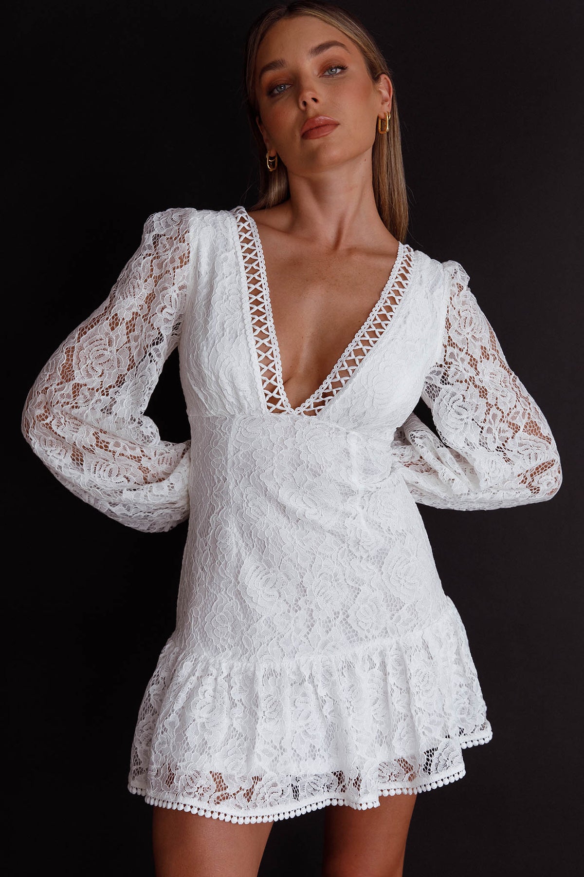 Lace Plunge V-Neck Balloon Sleeve Ruffle Hem Mini Dress 5
