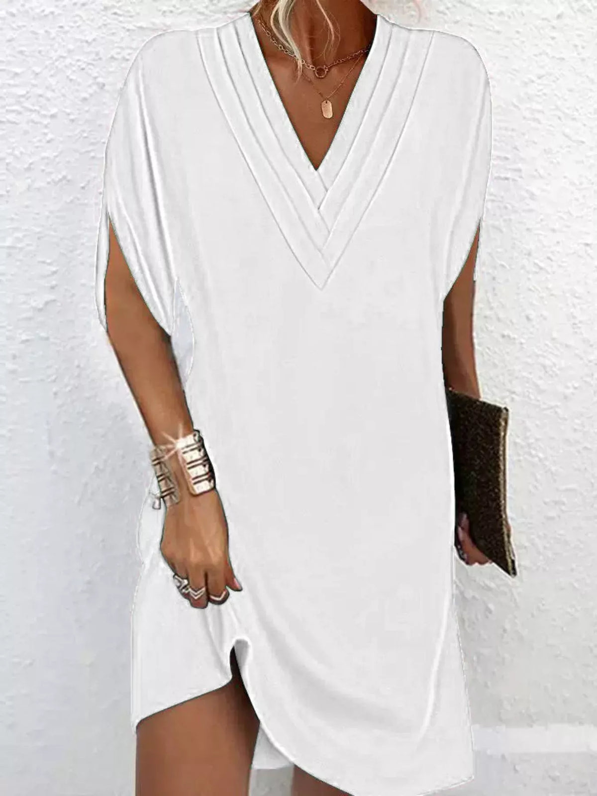 Pleated V-Neck Split Sleeve Relaxed Shift Mini Dress 10