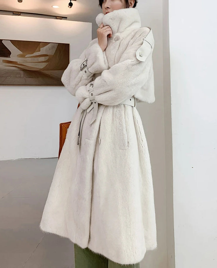 Stand Collar Faux Fur Belted Buckle Strap Long Coat