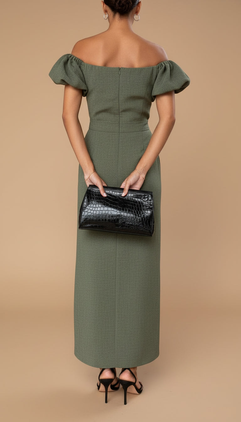 Off Shoulder Puff Sleeve Pleated Bodice Column Maxi Dress