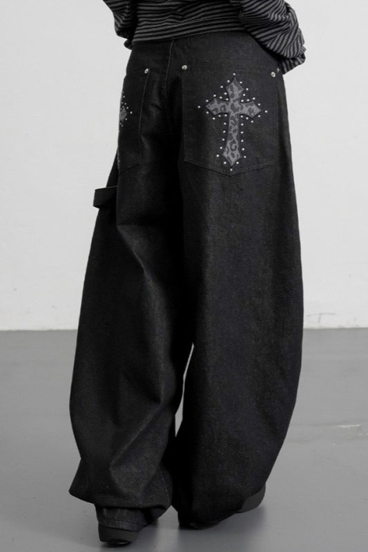 Leopard Cross Studded Wide Leg Jeans
