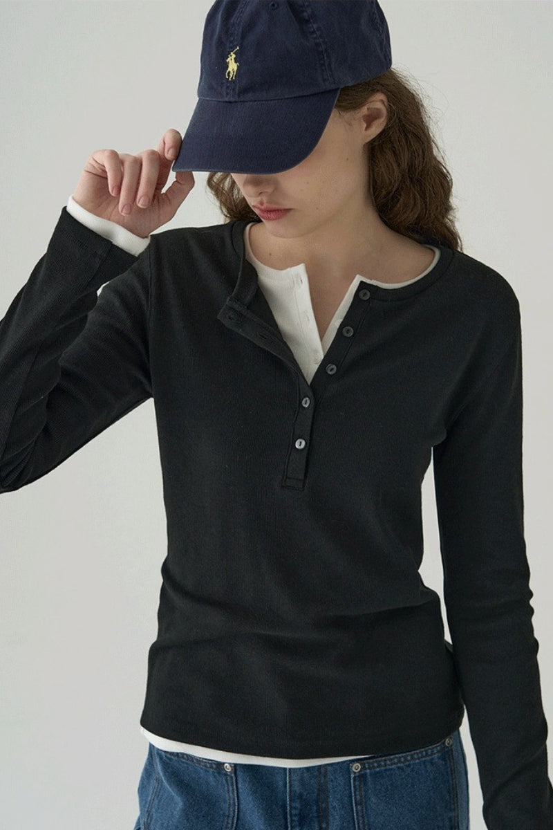 Vintage Structured Henley Long Sleeve Top