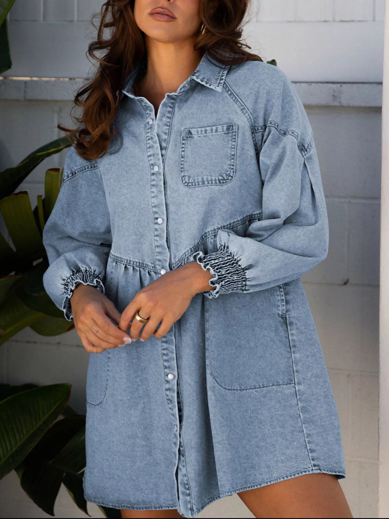 Smocked Cuffs Flared Denim Shirt Mini Dress Medium