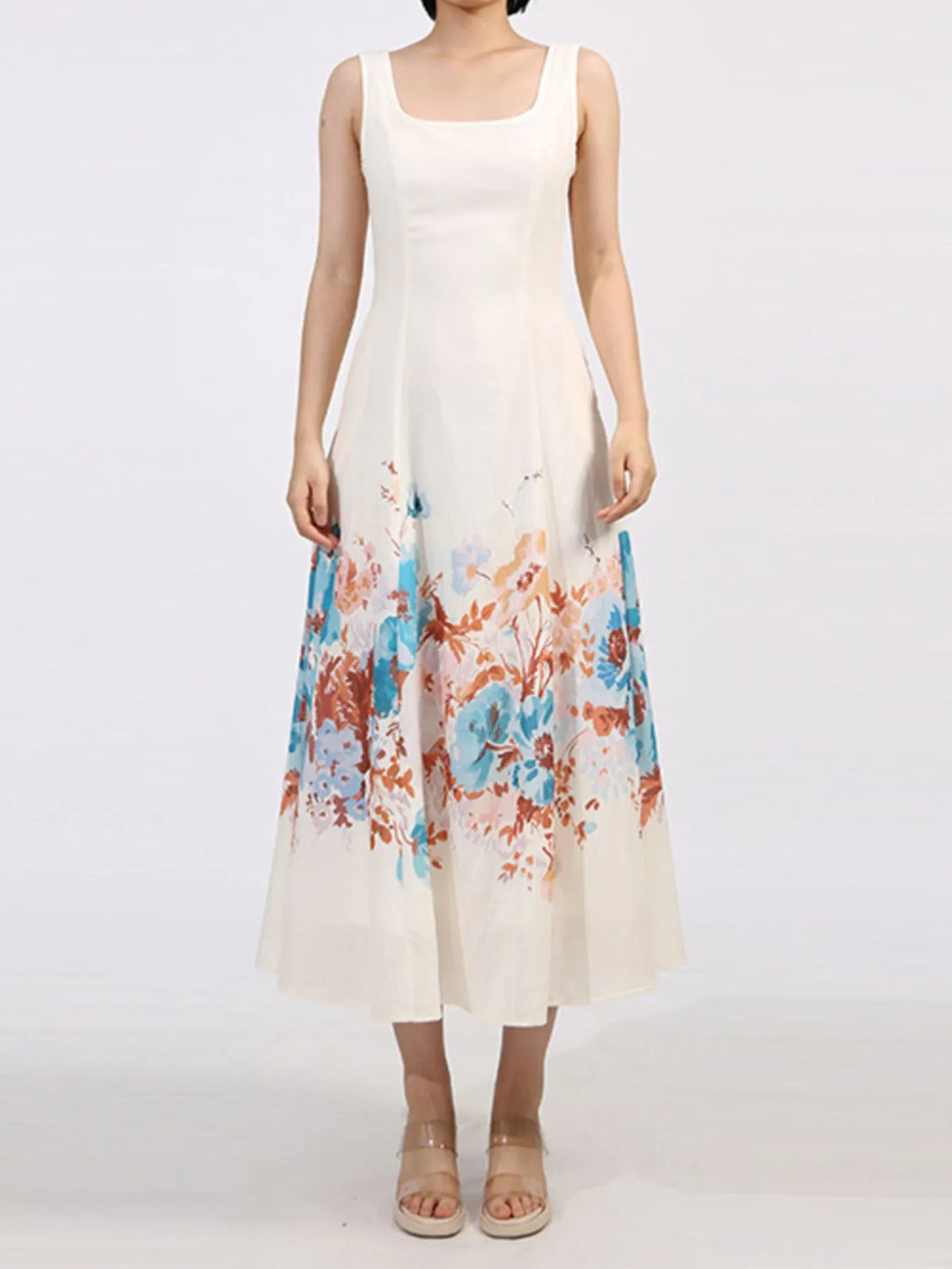 Floral Border Print Square Neck Sleeveless A-Line Midi Dress with Pockets 5