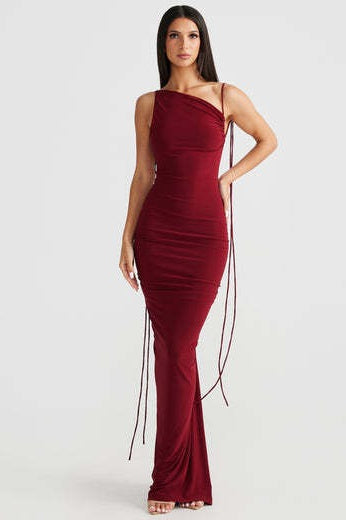 Cowl Neck Spaghetti Strap Backless Ruched Bodycon Maxi Dress