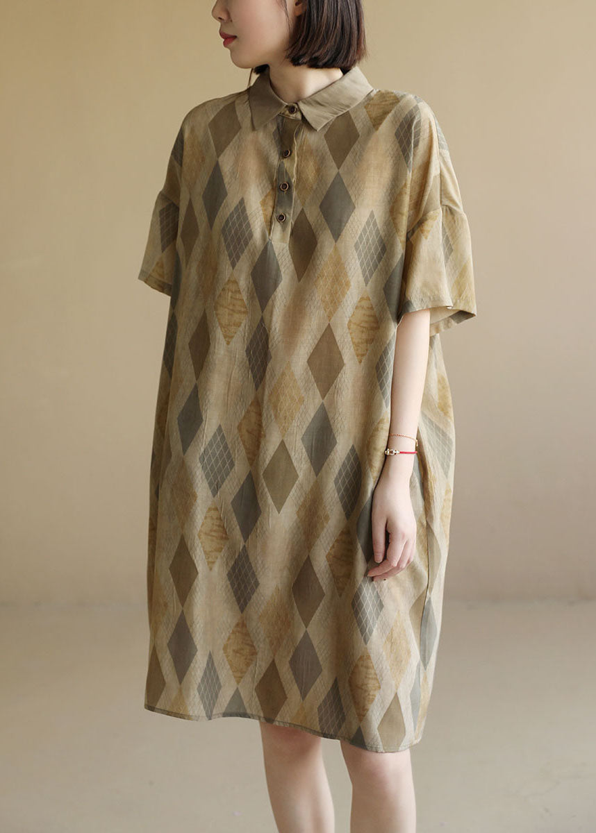 Argyle Print Polo Collar Button Front Pocket Short Sleeve Shift Dress