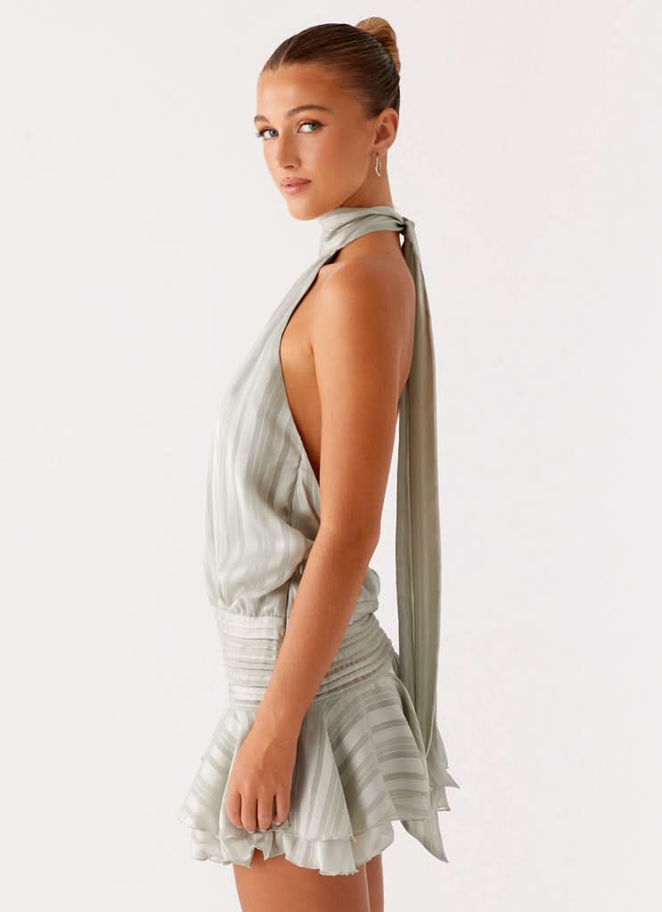Striped Chiffon High Neck Halter Drop Waist Ruffle Mini Dress 8