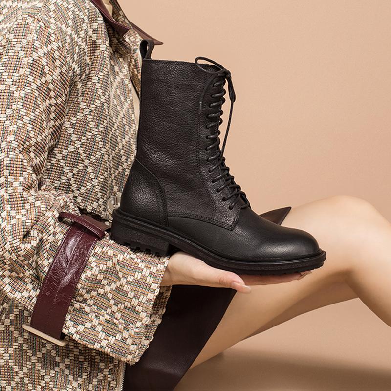 Full grain leather Combat Boots Designer Retro Chunky Buckle Boots Side Zip Brown/Black