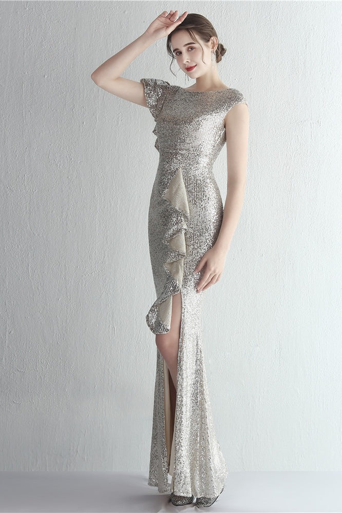 Sequin High Neck Cap Sleeve Ruffle High Split Mermaid Gown