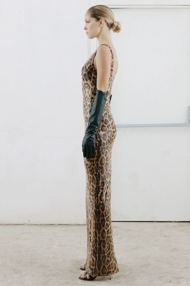 Leopard Sequin Sheer Cape Cut Out Mermaid Maxi Gown
