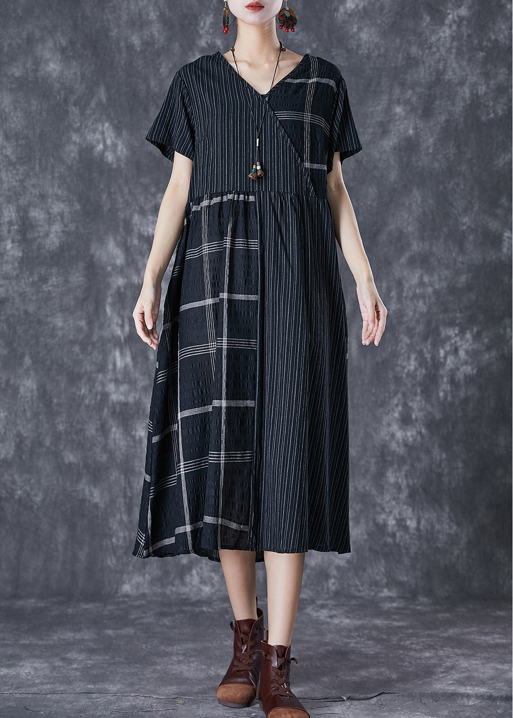 Pinstripe Windowpane Check Patchwork V-Neck Short Sleeve Gathered Waist Relaxed Midi Dress