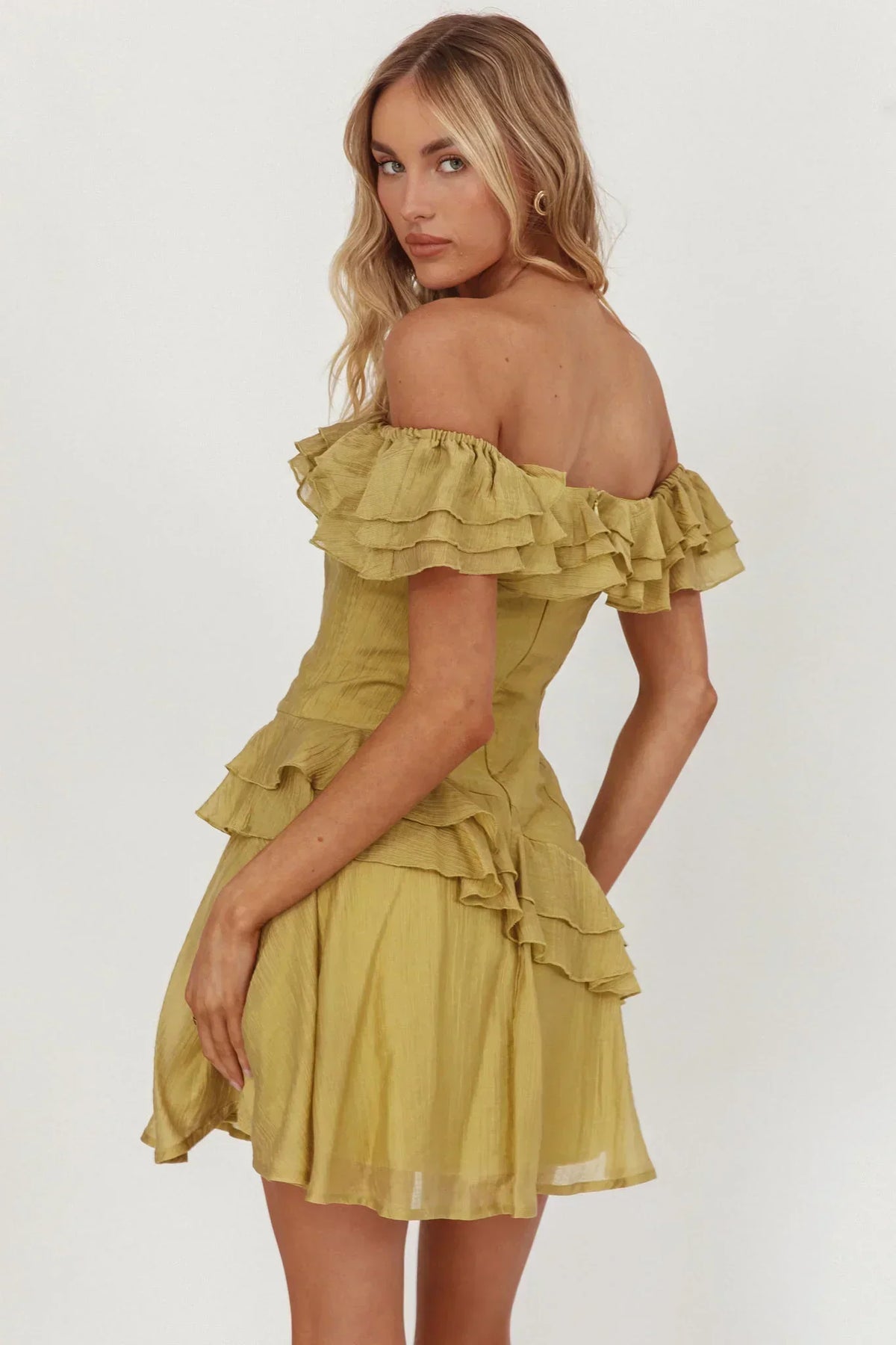 Off Shoulder Layered Ruffle Asymmetric Tiered Mini Dress 2