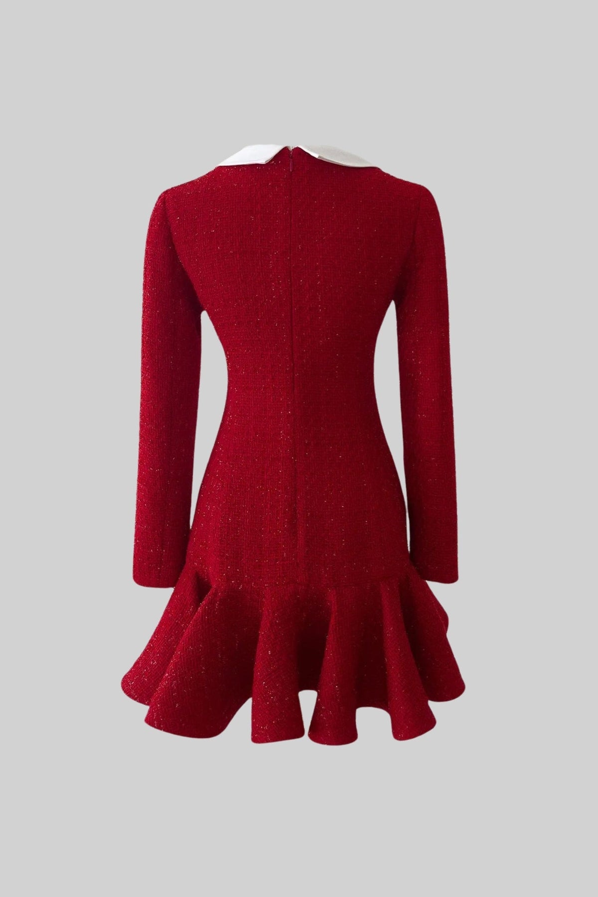 Tweed Sailor Collar Bow Flap Pocket Ruffle Hem Long Sleeve Mini Dress - View 3