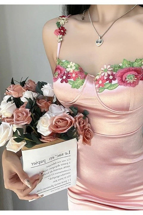 Embroidered Floral Satin Cami Bodycon Mini Silk Dress