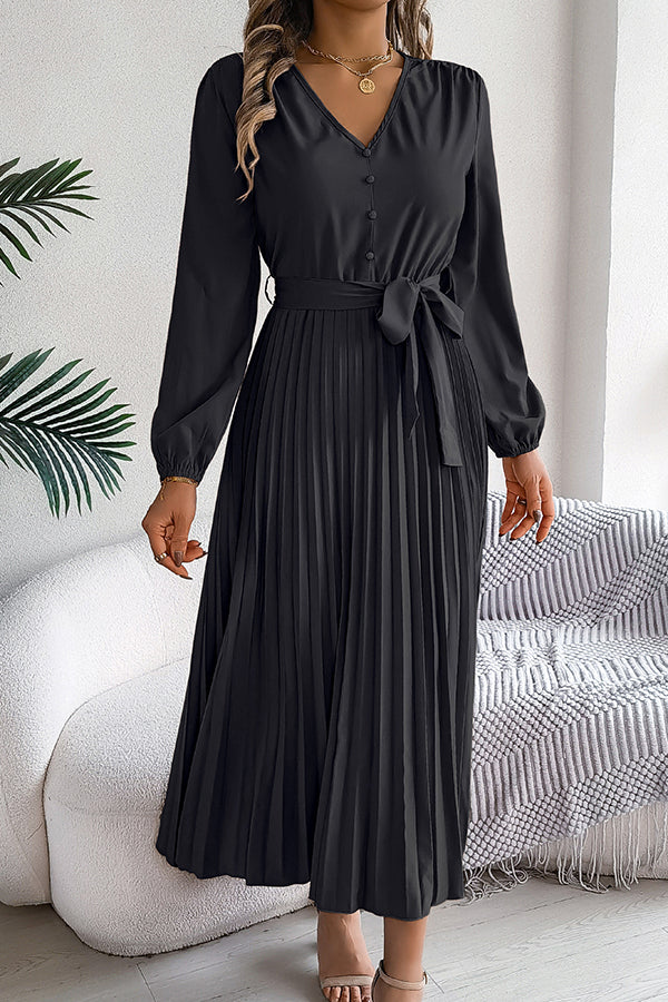 Solid Color Elegant V-neck Buttoned Lace-up Pleated Maxi Dress - View 16