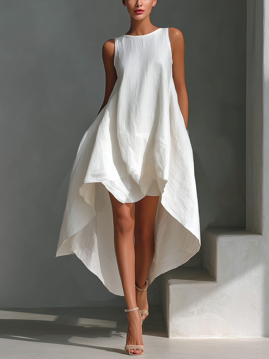 Round Neck Sleeveless High Low Linen Look Midi Dress