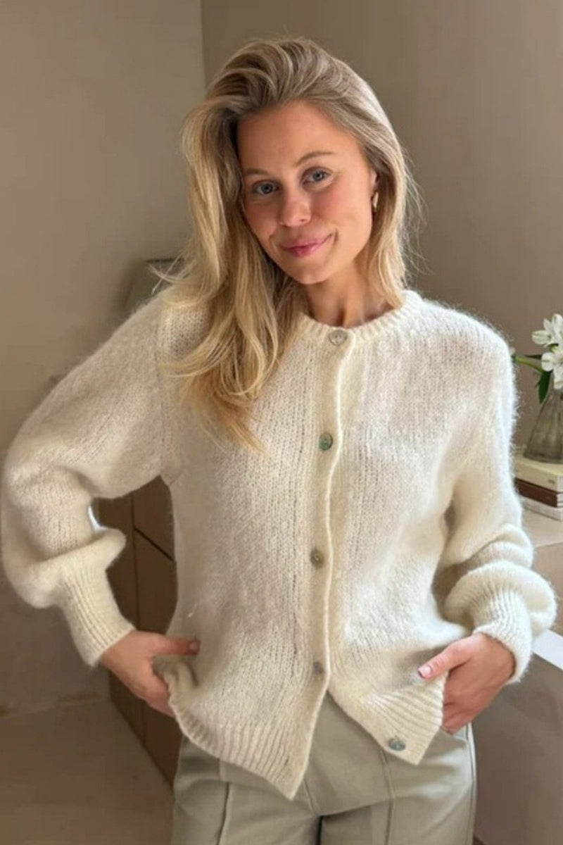 Crew Neck Balloon Sleeve Button Front Fuzzy Knit Cardigan