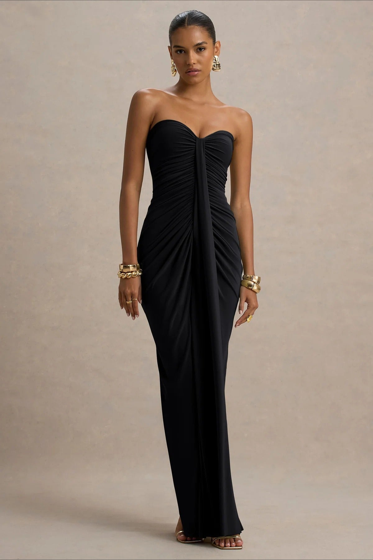 Strapless Sweetheart Ruched Center Drape Panel Column Maxi Formal Gown