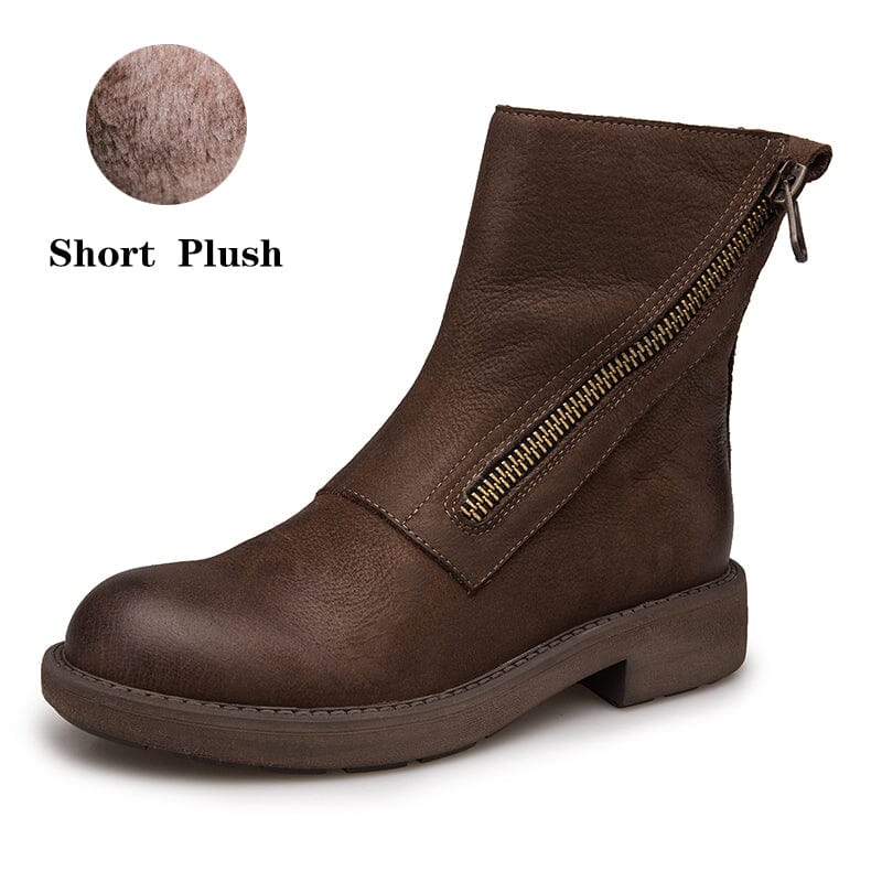 Full Grain Leather Zip Boots Retro Women Chunky Ankle Boots Black/Coffee