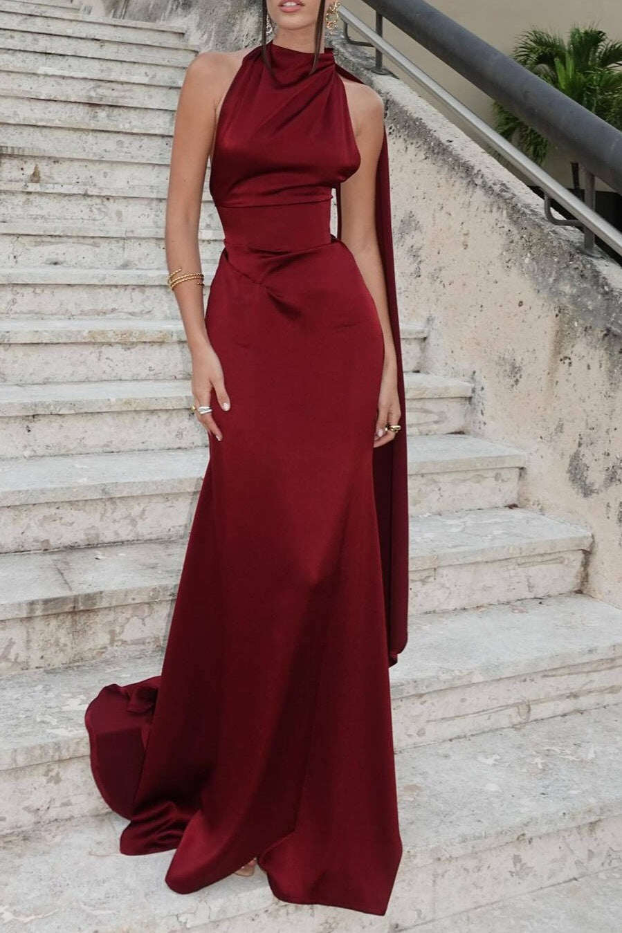 Satin Halter Neck Ruched High Low Mermaid Maxi Dress