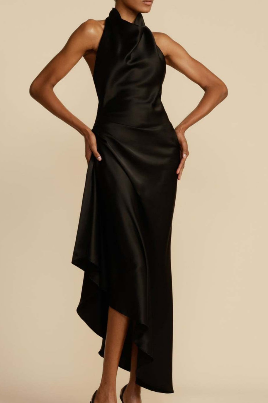 Satin Halter Neck Draped Asymmetric High Low Midi Dress - View 4
